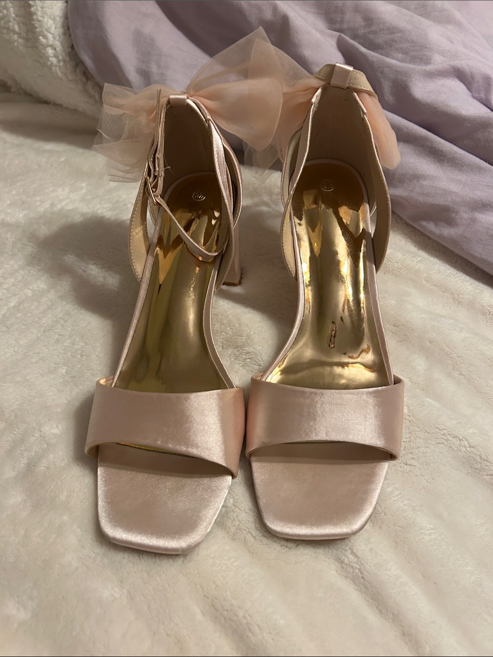 Coutgo Elegant Pink Satin Ankle-Strap Heels with Tulle Bow